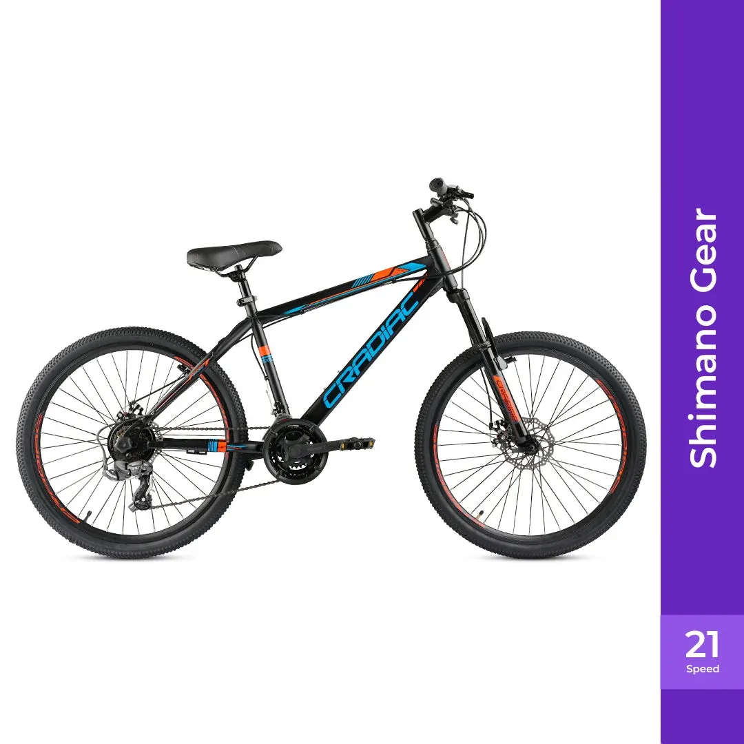 Cradiac Globetrotter 21 Speed MTB, 26 Inch Steel Geared High Performance Mountain Cycle for Men with Front Suspension & Dual disc Brakes