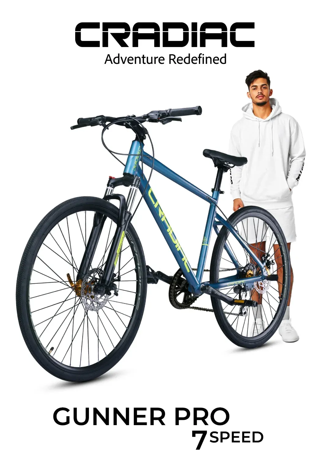 Cradiac - Gunner PRO | 7 Speed Gear Cycle | 700 * 35C Alloy Hybrid Bike | Front Lockout Suspension | Dual Disc Brakes | Aluminium Alloy Frame | Ideal for 15+ Years Men/Boys/Girls/Women